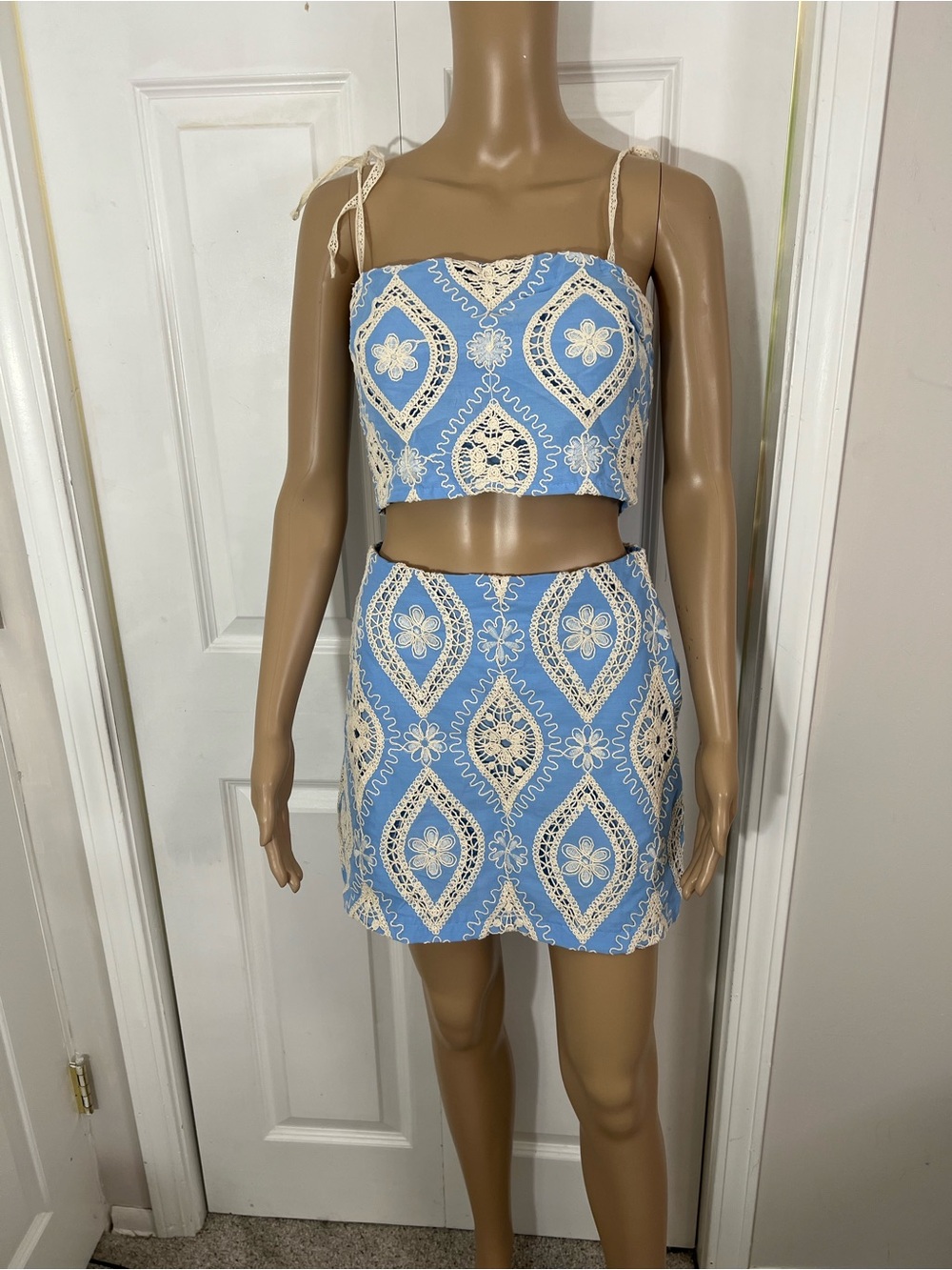 SHEIN Blue & Cream Embroidered Two-Piece Crop Top and Skirt Set,Sz.small